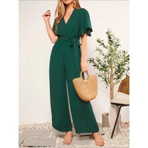 ruffle sleeve v neck flounce jumpsuit dark green boho